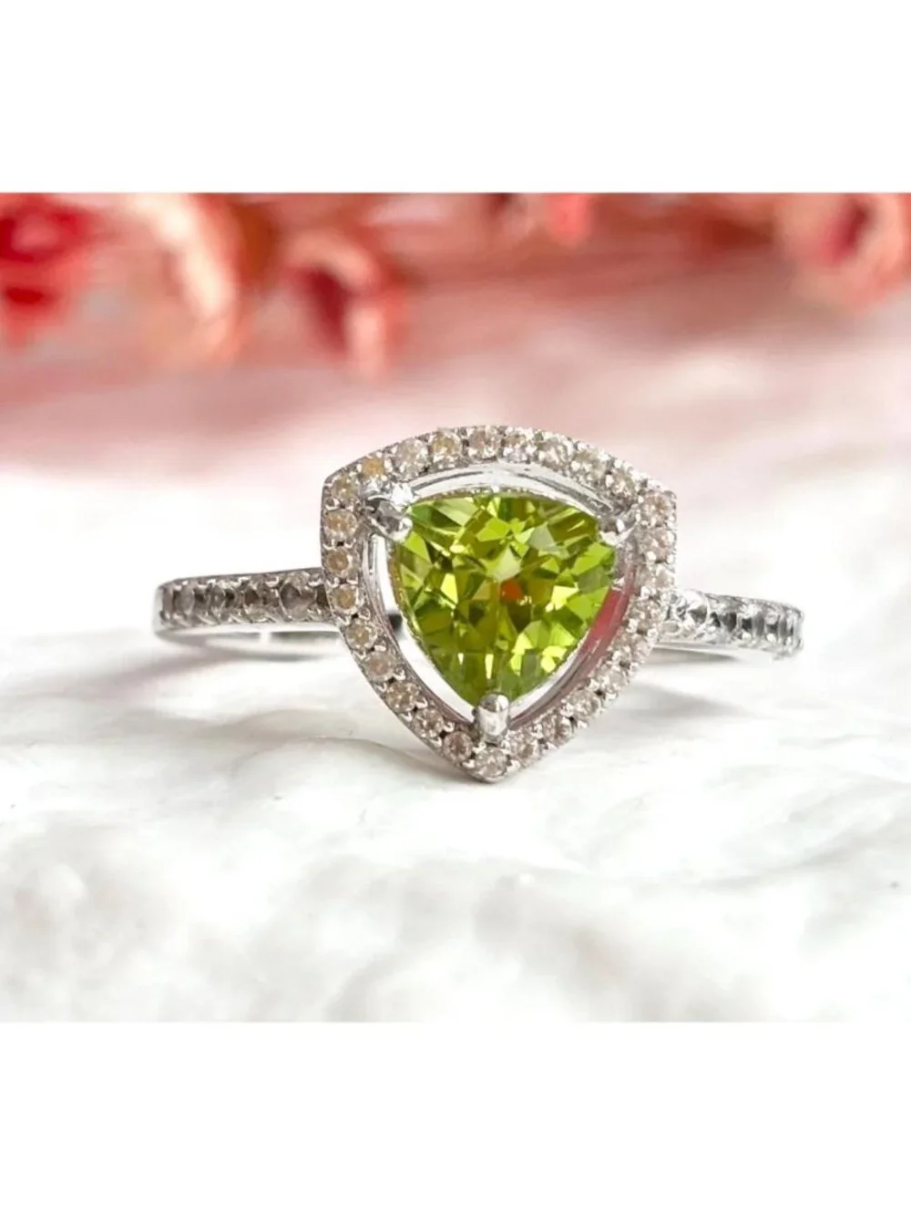 Trillion Cut Peridot Gemstone Halo CZ Sterling Silver 925 Vintage Ring - sz 8